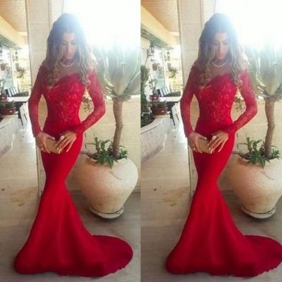 Long Sleeve Lace Mermaid Prom Dresses, Long sleeve Evening Party Dresses, Red Prom Dress, Prom Dress, Formal Prom Dress