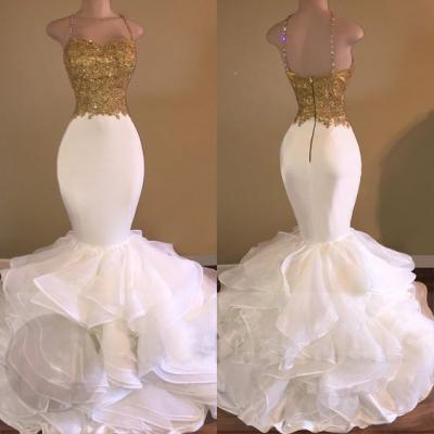 Popular Gold beaded Prom Dress,Spagnetti Straps Party Dress,White Mermaid Party Dress,High Quality Prom Dresses,