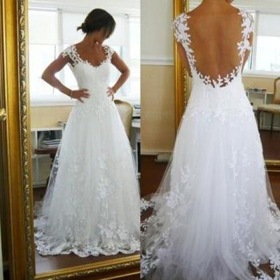 Lace Appliqués A-line Wedding Dress Featuring A Sheer Open Back