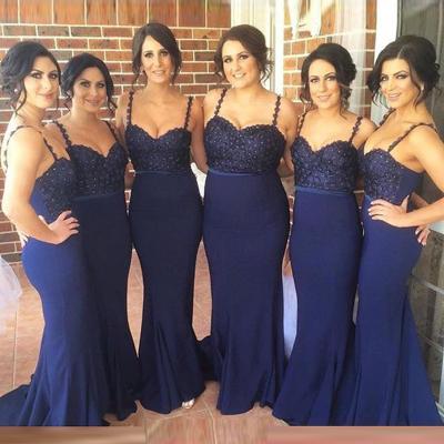 Spaghetti Straps Bridesmaid Dress,Navy Blue Lace Bridesmaid Dresses,Mermaid Bridesmaid Dresses,Custom Made Long Bridesmaid Dress Prom Gowns