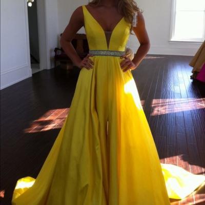 Sleeveless Yellow Prom Dress,Sexy Evening Dress,Long Evening Gowns
