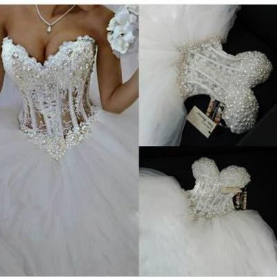 Luxurious Bling Wedding dress,Strapless Wedding dresses Corset Bodice Sheer Bridal Ball Crystal Pearl Beads Rhinestones Tulle Wedding Gowns