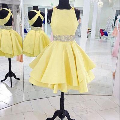 Short Homecoming Dresses, Sexy Cocktail Dresses ,Open Back Homecoming Dresses,Yellow Cocktail Dresses