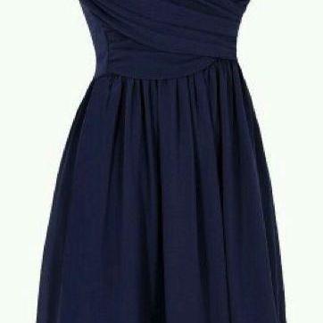 Navy Blue Ruched Chiffon Short A-Line Homecoming Dress, Bridesmaid Dress