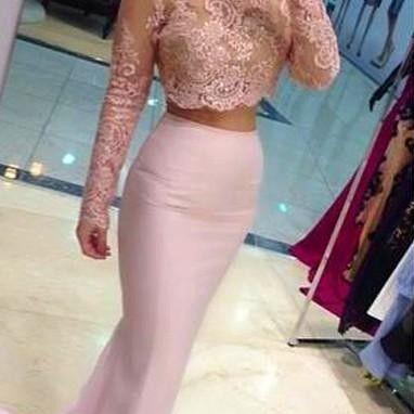 Two-Piece Mermaid Prom Dress,High Neck Long Sleeves Prom Dresses,Lace Pink Evening Gowns for Teens