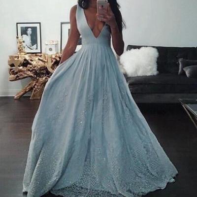 Light Blue Deep V-neck Long Prom Gowns,Pretty Lace Prom Dress,Sparkly Modest Prom Dresses