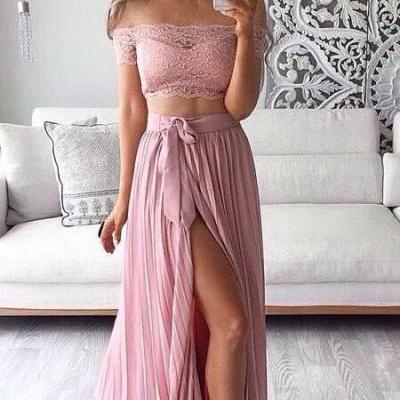 Two Pieces Prom Dresses,Pink Prom Dress,Chiffon Prom Gowns,Lace Prom Dress,Front Split Prom Dress,Long Prom Dress,Prom Dresses For Teens,Elegant Prom Dress,Simple Cheap Prom Dress,Pretty Party Dresses,Modest Evening Gowns