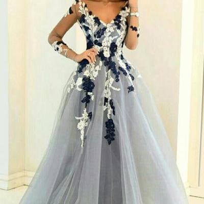 Prom Dresses With Sleeves,Gray Prom Dresses,V-neck Prom Dress,A-line Prom Dress,Tulle Prom Gowns,Elegant Prom Dress,Modest Party Dresses,Charming Evening Dresses,Princess Prom Dress,Prom Dresses For Teens