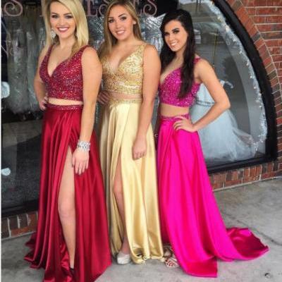 Long Two Pieces Prom Dresses For Teens,A-line Modest Prom Dress,Simple Handmade Evening Dresses