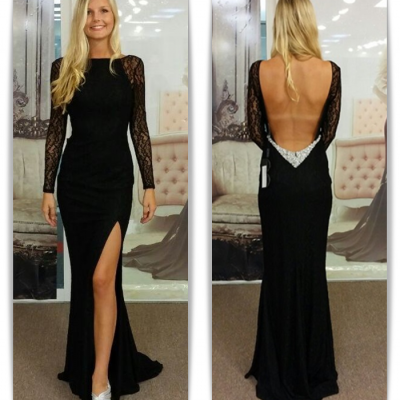 Open Back Black Long Sleeves Prom Dresses,Sexy Mermaid Lace Prom Gowns,Charming Evening Gowns