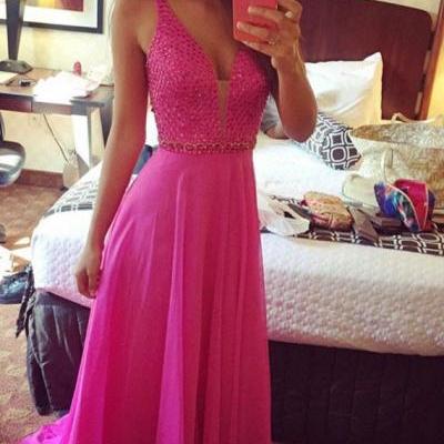 V-neck Hot Pink Prom Dress,Beading Prom Dresses,Chiffon Prom Dress,Modest Prom Gowns