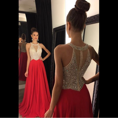 Red Beading Halter Long Prom Dresses,Charming Prom Dress,Formal Evening Dresses,Handmade Prom Gowns