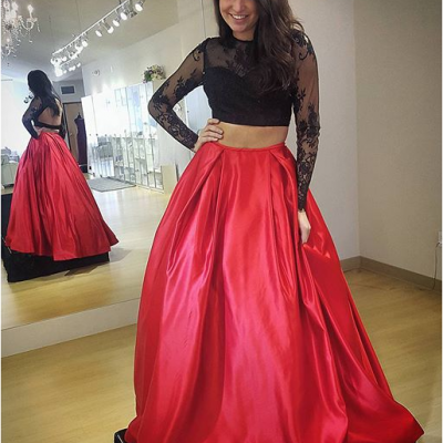Long sleeve red two piece lace satin keyhole scoop backless black and white crop top prom formal evening dresses