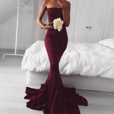 Burgundy Mermaid Prom Dresses,Strapless Long Evening Prom Dress