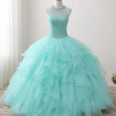 Lovely Green Round Neck Prom Dresses,Tulle Beads Long Prom Dress,Sweet 16 Dress Prom Dress
