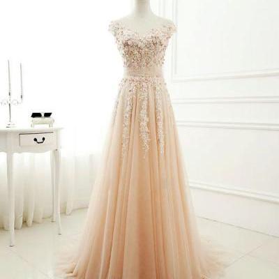 New Arrival a-line round neck tulle lace long prom dress, evening dress