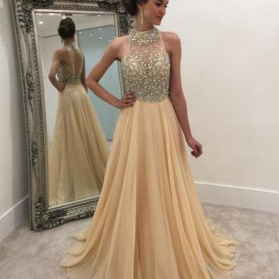 champagne organza prom dresses,crystal beaded halter prom dress,illusion back long champagne organza prom dresses sexy