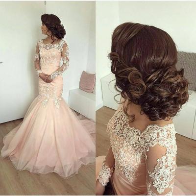 Dusty Pink Mermaid Formal Dresses,Evening Dresses,Sheer Long Sleeves Formal Dress,Elegant Prom Dresses,Formal Gowns with Lace Appliques Lace Up Back Evening Party Dress New Design