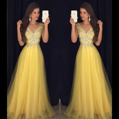 Prom Dresses,Modest Prom Dress,Deep V Neck Long Yellow Prom Dresses Cap Sleeves Evening Gowns