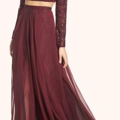 Two Piece Long Sleeves Formal Dresses,Lace Prom Gown Burgundy Formal Dress