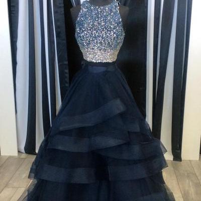 Prom Dresses,Party Dresses,Two Piece Prom Dresses,Ruffles Ball Gowns,Sparkly Sequins Dress,2 Piece Prom Dress,Long Party Dress,Prom Dresses ,Navy Blue Prom Dress