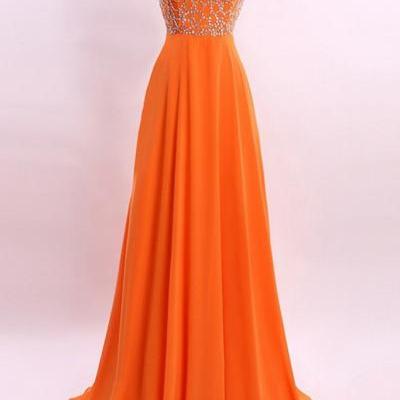 Orange chiffon see-through prom dress,beading rhinestone A-line long prom dresses ,shining evening dresses