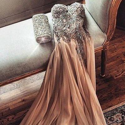 Champagne Sweetheart Applique Tulle Chiffon Floor Length Beading Prom Formal Dress