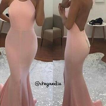 Mermaid Evening Dress,Cheap Prom Dress,Sexy Open Back Prom Dress,Mermaid prom Dress, Halter Neckline Open Back Blush Pink Party Dress