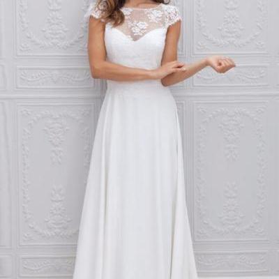 Lace over Chiffon Wedding Dress,Cheap Bridal Gown,Scoop Neckline Floor Length Wedding Dress ,Open Back Bridal Gown