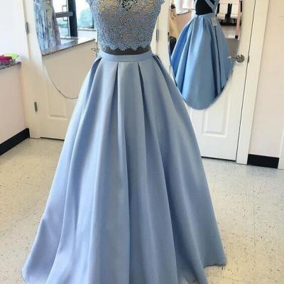 Beauty High Fashion Two-Piece Prom Dress, A-Line Blue Satin Long Prom Dresses with Lace