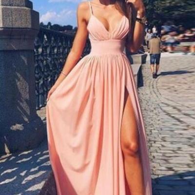 Spaghetti Strap V Neck Pink Prom Dress,Simple Long Evening Dress,Cheap Prom Dresses