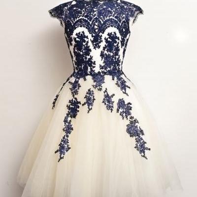 High Neck Cap Sleeves Royal Blue Lace Light Homecoming Dresses,Champagne Tulle Short Prom Dresses Homecoming Dress, Above Knee Length Bodice Prom Gowns, Cocktail Dress,Wedding Party Dress