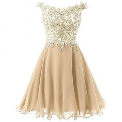 Straps Lace Homecoming Dress, Bodice Short Prom Gown , Gold Tulle Party Dress