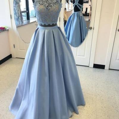 Two Piece Sky Blue Prom Dress, Two Piece Sky Blue Long Prom Dress