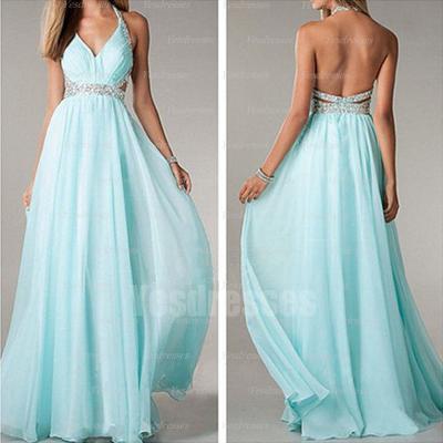 Long prom dress, sexy prom dress, halter prom dress, chiffon prom dress, blue prom dress, backless prom dress,
