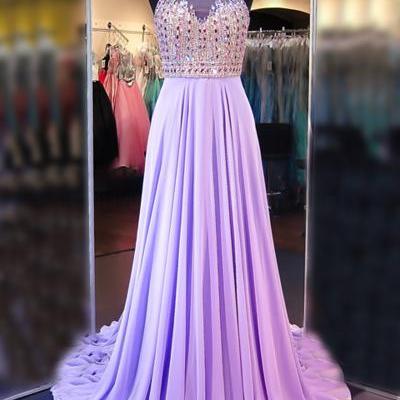 A Line Cowl Neck Sleeveless Prom Dresses,Long Pleated Beaded Lilac Prom Dress Open Back