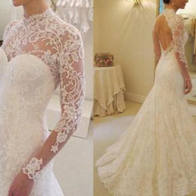 Illusion Sweetheart Neckline Lace Long Sleeved A-Line Prom Dress, Evening Dress, Wedding Dress