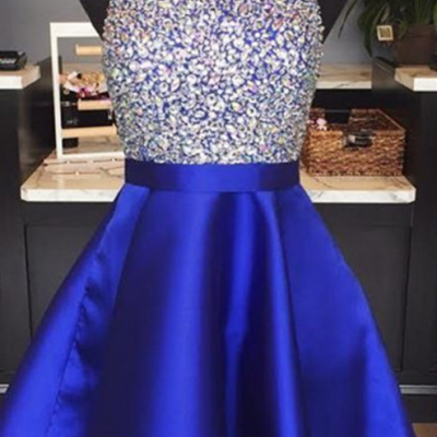 halter homecoming dress,beaded prom gowns,short prom dress,royal blue cocktail dresses