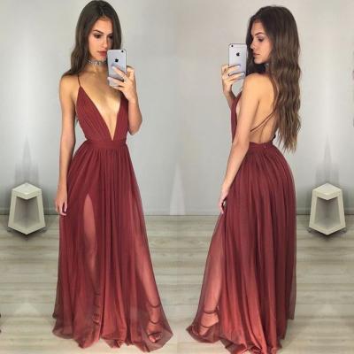 Sexy A-Line Deep V-Neck Prom Dress,Burgundy Tulle Prom Dresses,Floor Length Prom Dress