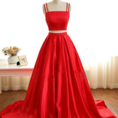 Elegant Red Two Piece Prom Dress,A-Line Spaghetti Straps Long Prom/Evening Dress