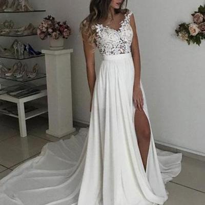 Cap Sleeves Prom Dresses,Chiffon Wedding Dress with Slit, Summer Beach Wedding Dresses