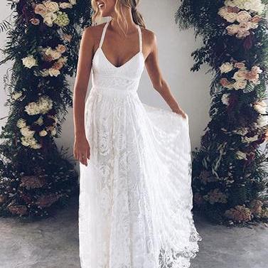 White v neck lace long prom dress, white evening dress wedding dress charming bridal dresses 10696