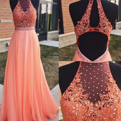 Coral Prom Dress, Long,Prom Dresses ,High Neck Evening Dress,Lace Applique Beads Prom Dresses,Prom Gowns,Sexy Prom Dresses