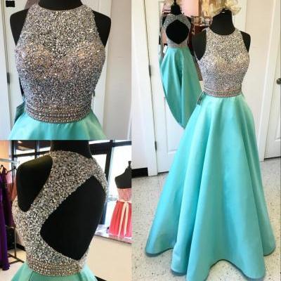Modest Aqua Evening Dresses ,With Sheer Neckline Jewel Prom Dress,A Line Satin Prom Dresses,See Through Hollow Back Designer Sequin Beading Prom Dresses Long Cheap Pageant Formal Gowns