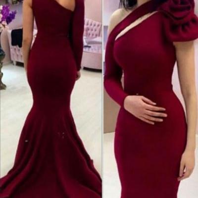 Burdundy Mermaid Evening Dresses,One Shoulder Evening Dress ,Design Vestido Celebrity Evening Prom Gowns, Formal Party gown Sweep Train