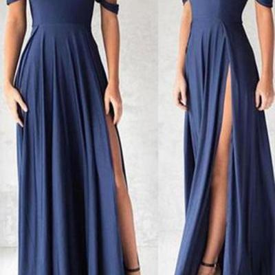 Ocean Blue Off The Shoulder Prom Dress, Floor Length Formal Gown With High Slit,Prom Dresses,Evening Dress 