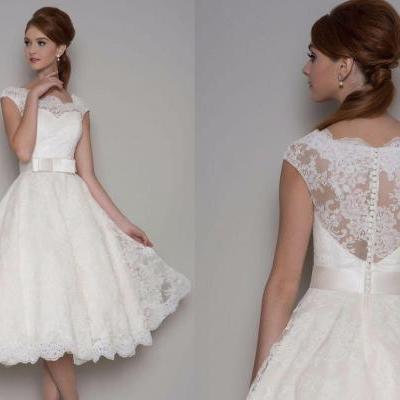 Lace Tea Length Short Vintage Wedding Dress,Wedding Dress,Tulle Lace Wedding Dresses,Applique ,Bridal Dress