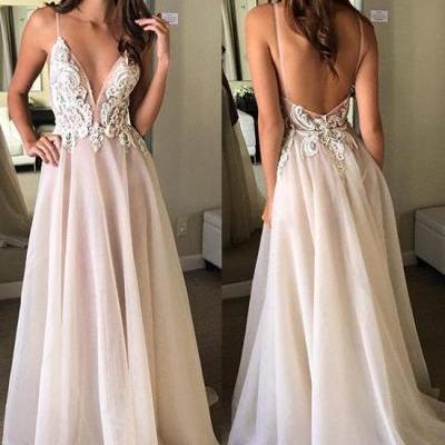 Champagne v neck lace long prom dress, champagne evening dress,Floor Length Evening Prom Gowns,Prom Dresses, Long Evening Dress