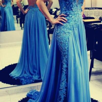 Blue Formal Occasion Dress with Illusion Back , Evening Party Dress