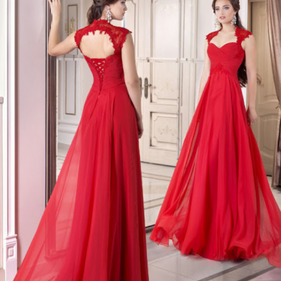 Red Chiffon Evening Dress with Open Back 
